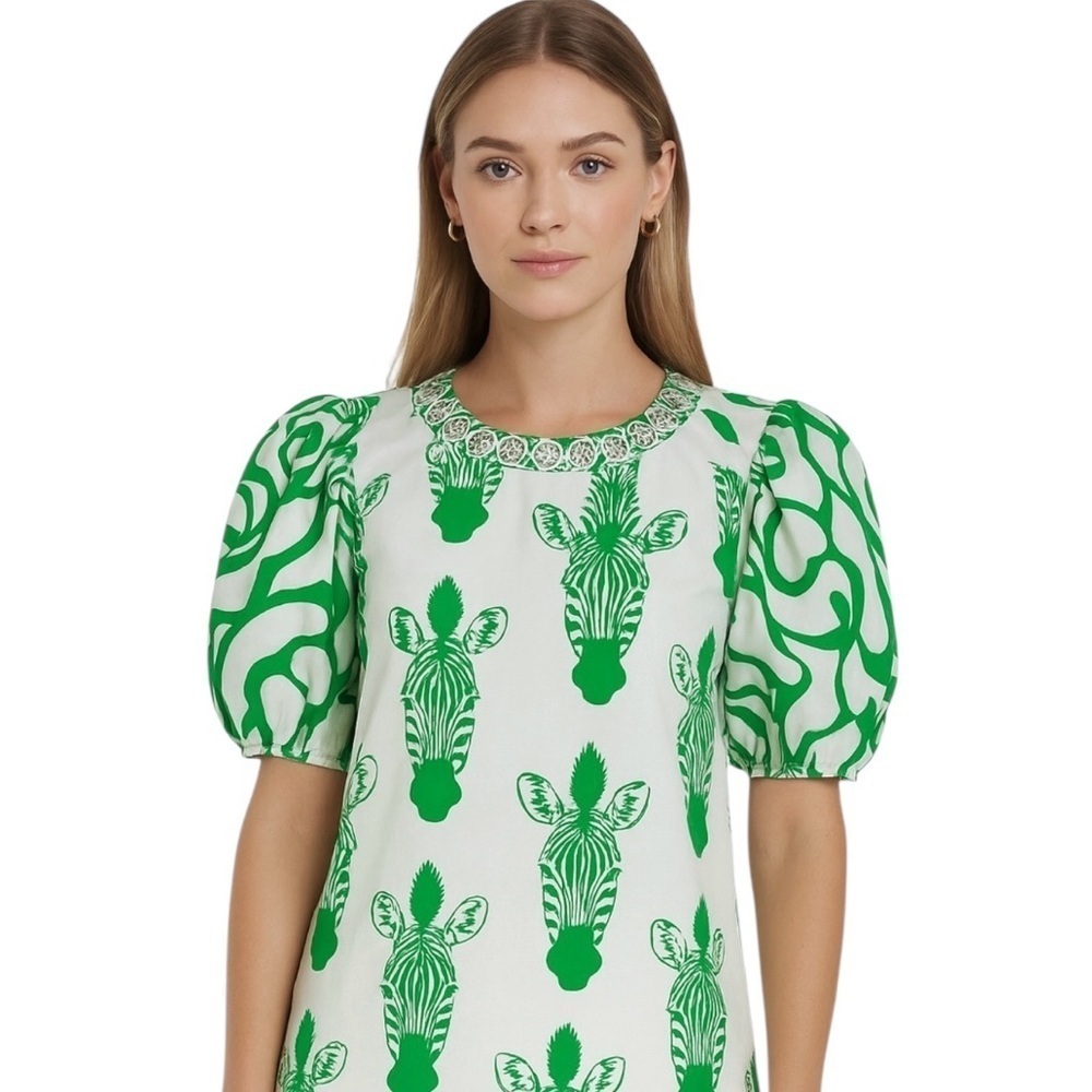 Sheridan French Natalie Blouse Green Zebra Puff Sleeve Jeweled Neck Top Size XS